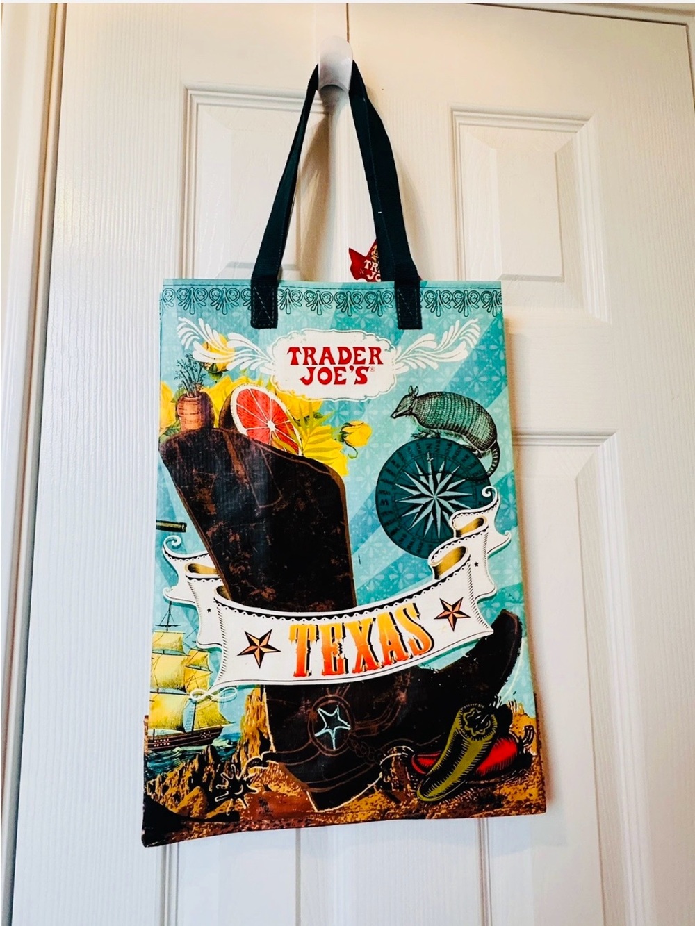 Trader Joe's Texas Tote Bag - Aqua with Black Handles